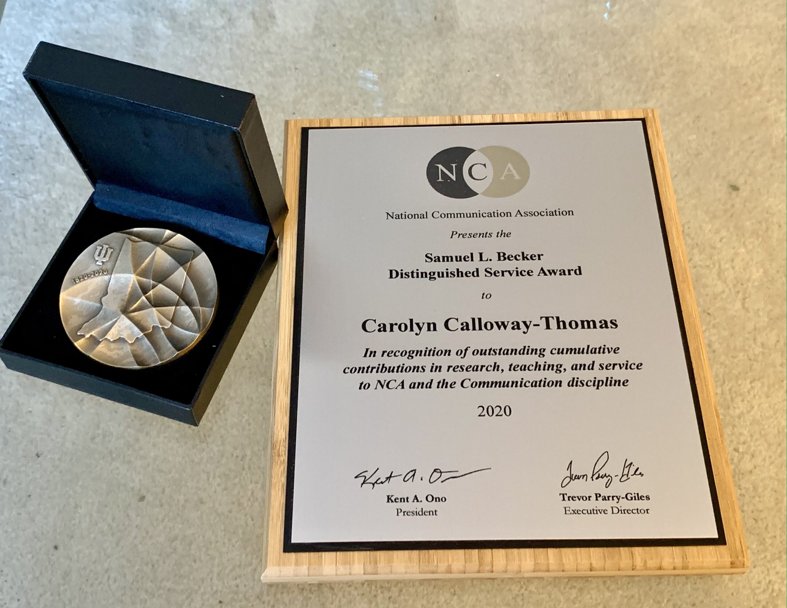 National Communication Association Presents the Samuel L. Becker Distinguished Service Award to Carolyn Calloway-Thomas. In recognition of outstanding cumulative contributions in research, teaching, and service to NCA and the Communication discipline.