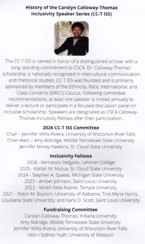 Program page: History of the Carolyn Calloway-Thomas Inclusivity Speaker Series, with a photo of Dr. Calloway-Thomas